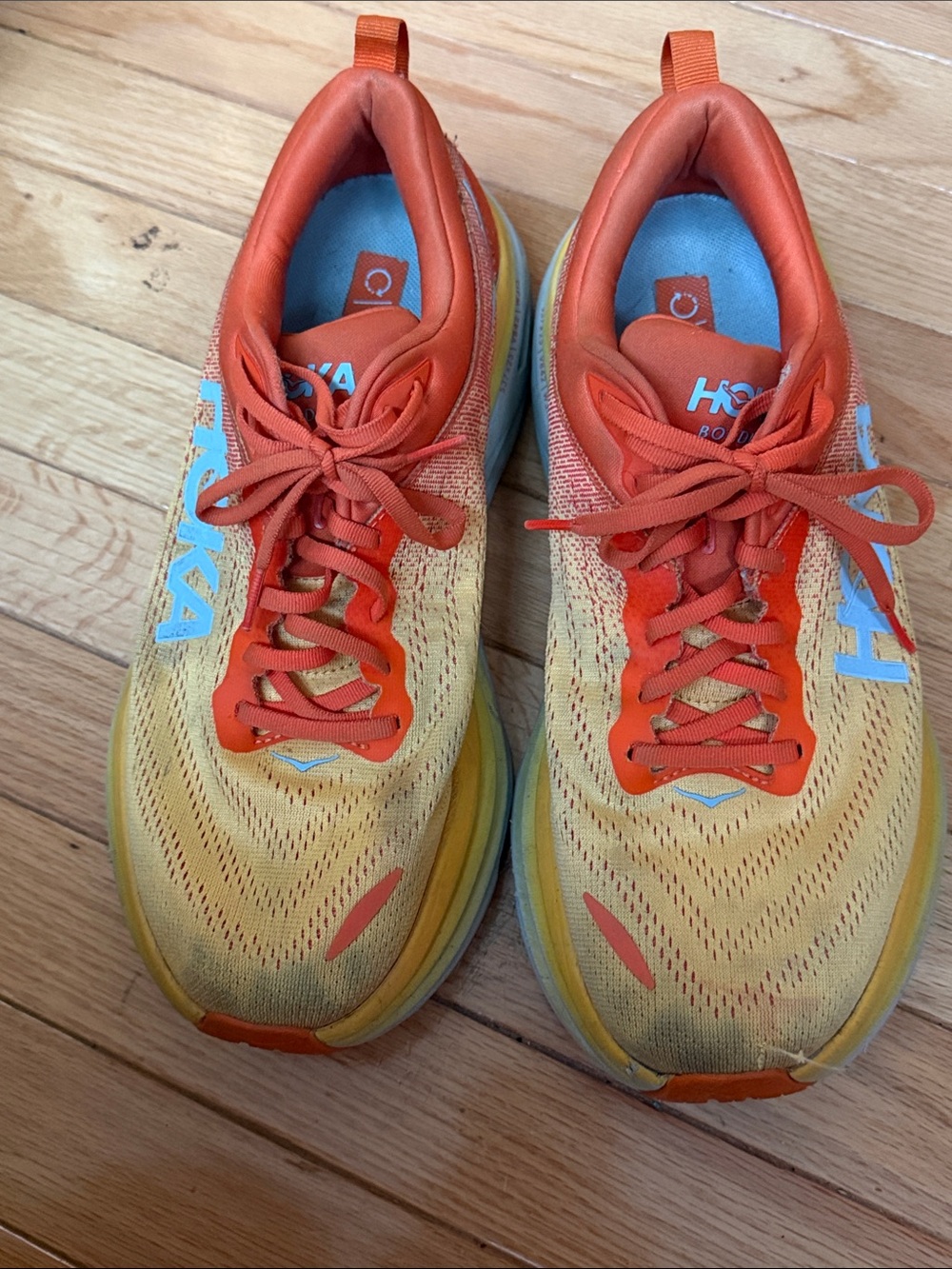 Hoka Men's Running Sneakers in Orange, Yellow and Light Blue